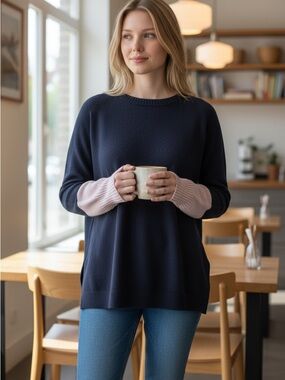 Anthropologie Navy Crewneck Sweater with Pink Sleeve Cuffs
